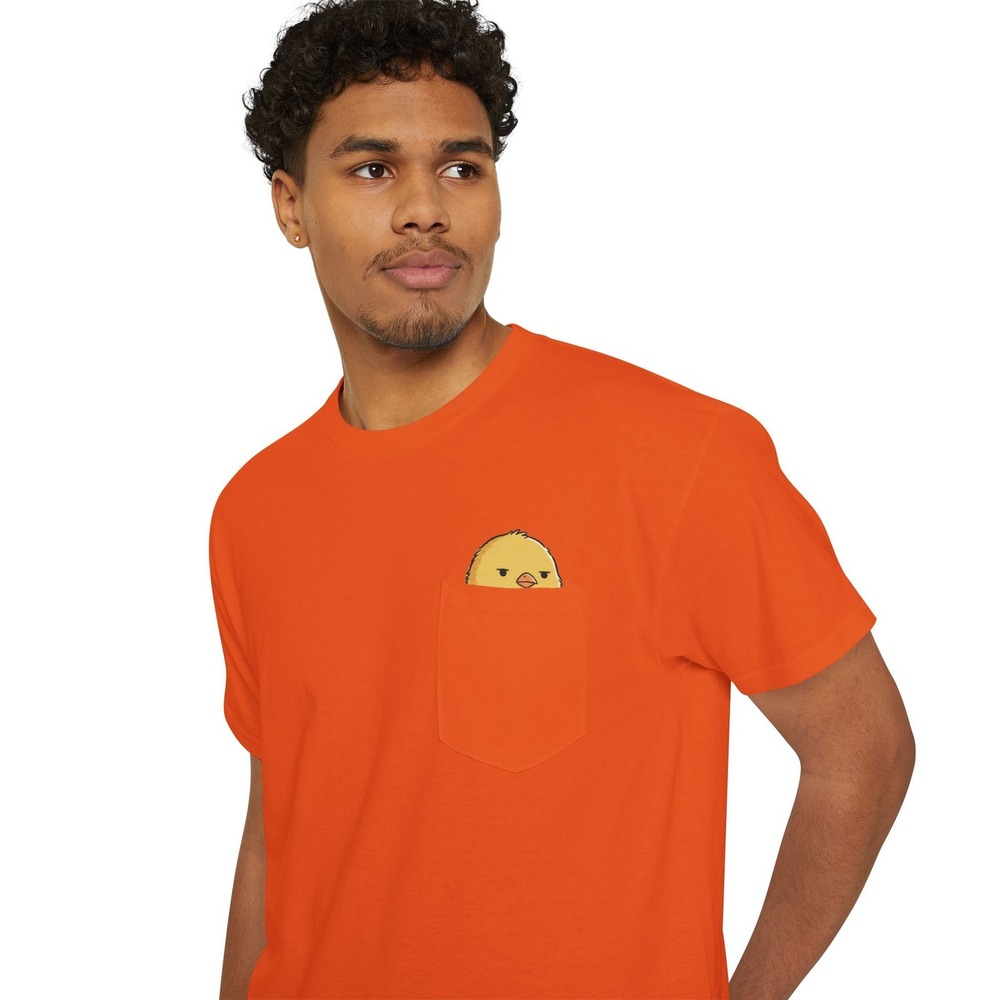 Three Dog Acres Peekaboo Chick Pocket Tee Orange Mens Cotton Graphic T-Shirt